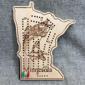 Minnesota State Shape Cribbage Board Fish Castle Danger Woodworks Handmade Trout